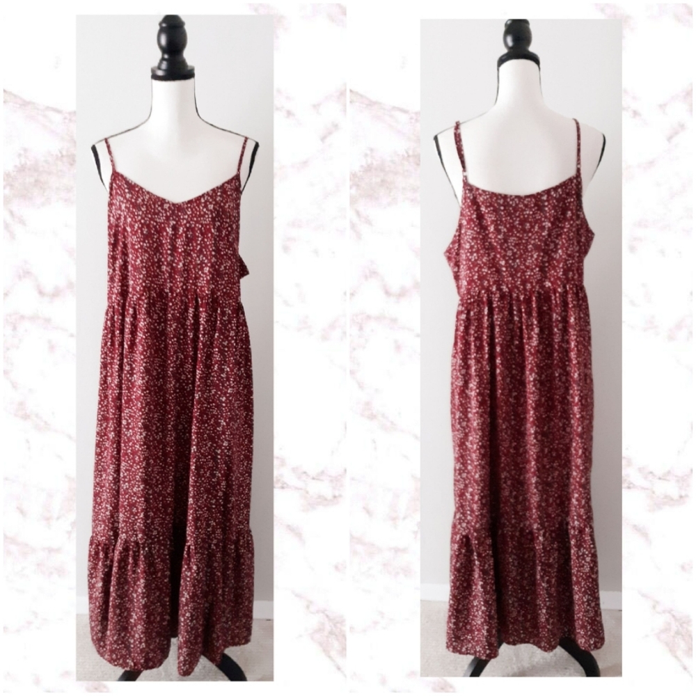 Boho Flowy Dress Burgundy Maroon floral no stretch
